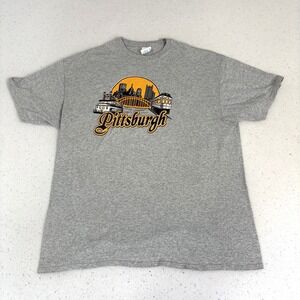 Vintage Pittsburgh Bridge Skyline Graphic T-Shirt Heather Gray Souvenir XL